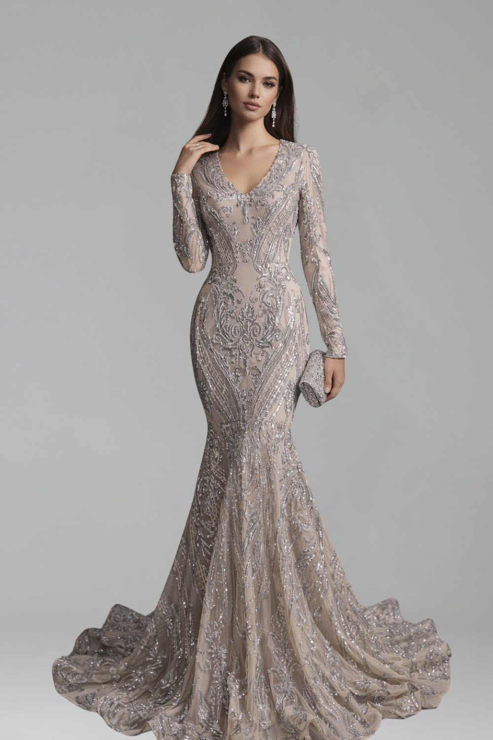 Long Sleeve Embellished Mermaid Gown - LAROSABRIDE