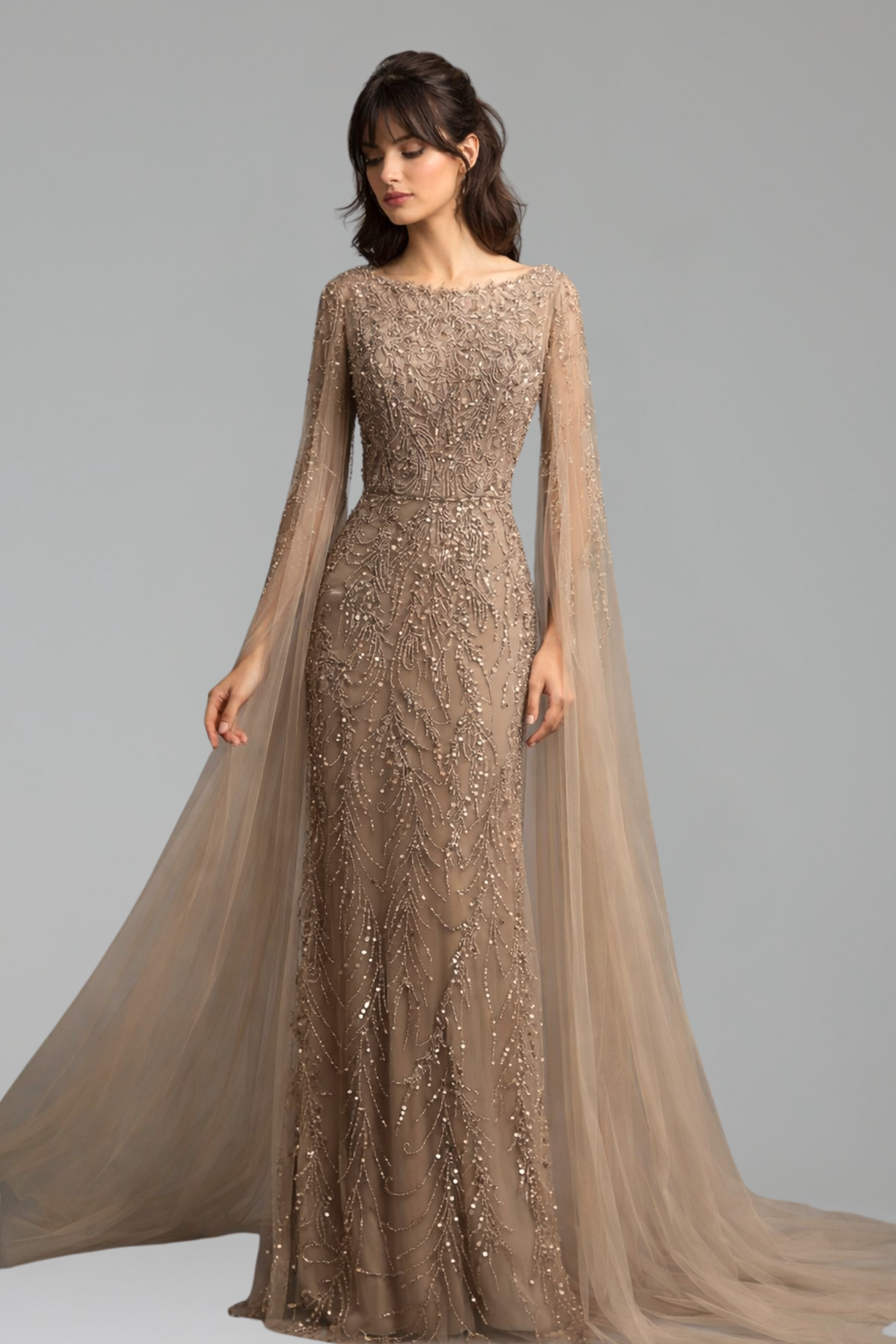 Caramel Beaded Evening Gown with Cape Sleeves - LAROSABRIDE