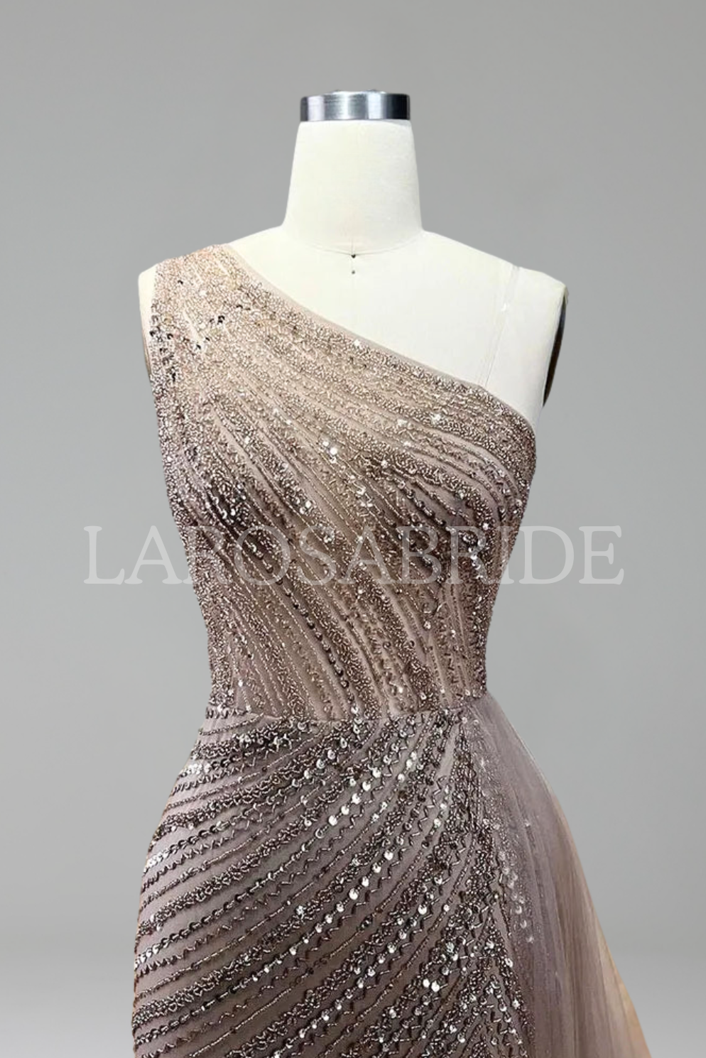 One-Shoulder Beaded Column Gown-Larosabride