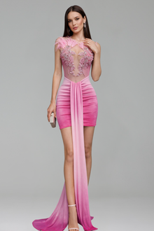 Feather Trim Draped Mini Dress - LAROSABRIDE