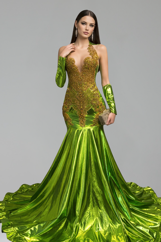 Metallic Green Embellished Mermaid Gown - LAROSABRIDE