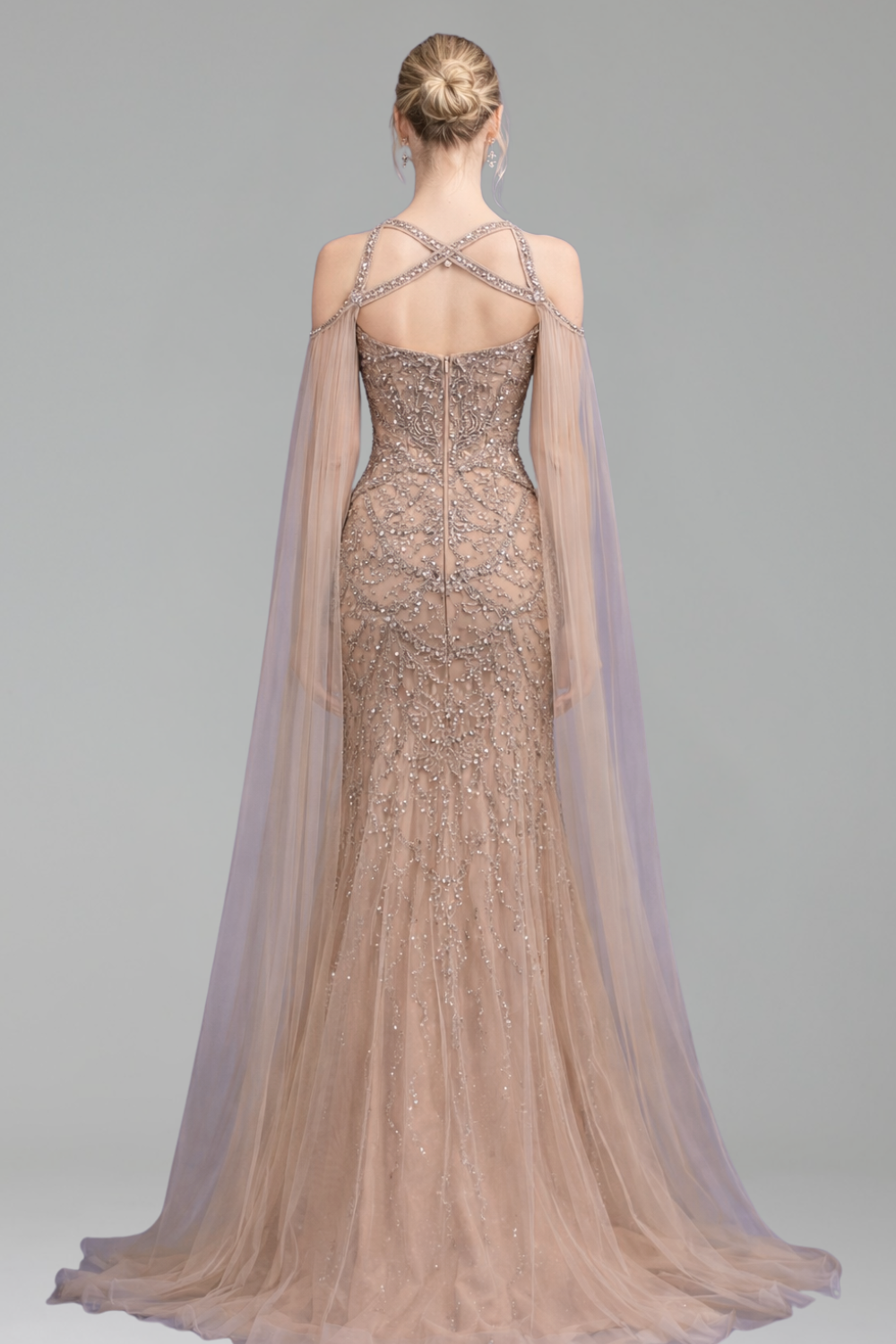 Beaded Crystal Cape Sleeves Gown - LAROSABRIDE