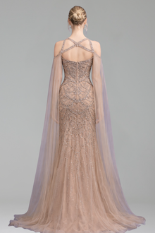 Beaded Crystal Cape Sleeves Gown - LAROSABRIDE