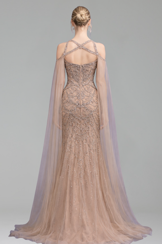 Beaded Crystal Cape Sleeves Gown - LAROSABRIDE