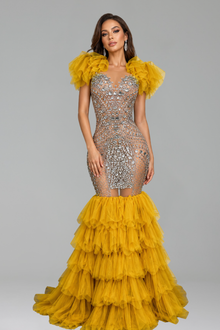 Crystal Feathered Shoulder Tulle Dress - LAROSABRIDE