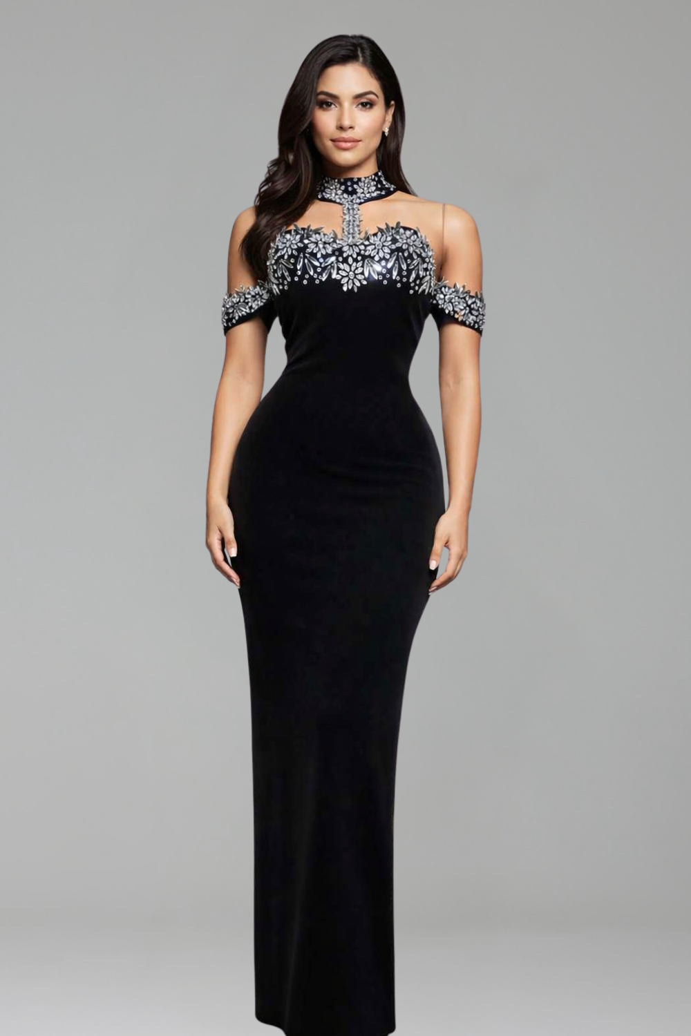 High-Neck Embellished Column Gown-Larosabride