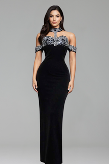 High-Neck Embellished Column Gown-Larosabride