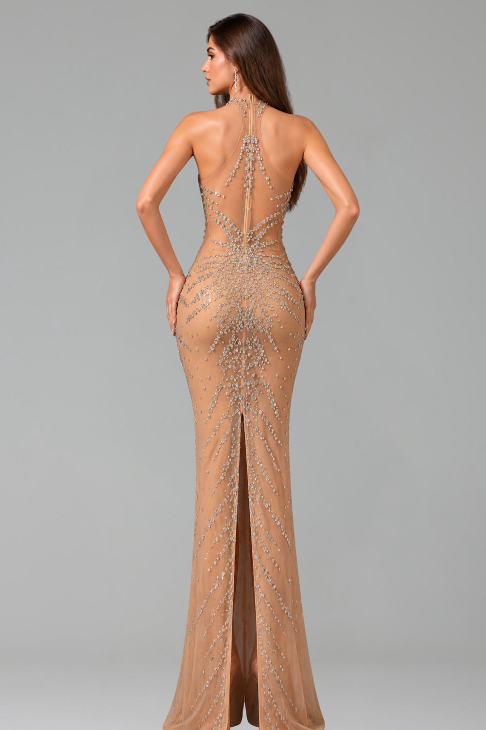 Sheer Crystal Embellished Cutout Gown - LAROSABRIDE