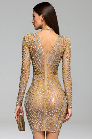 Golden Crystal Illusion Mini Dress