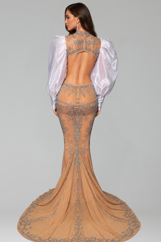 Crystal Cutout Puff Sleeve Gown