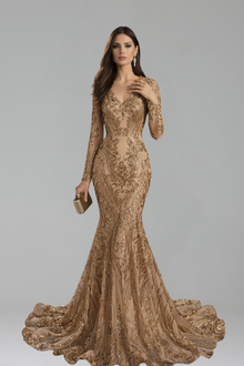 Long Sleeve Embellished Mermaid Gown - LAROSABRIDE