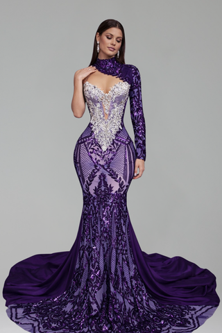 Purple One Sleeve Embellished Mermaid Gown - LAROSABRIDE