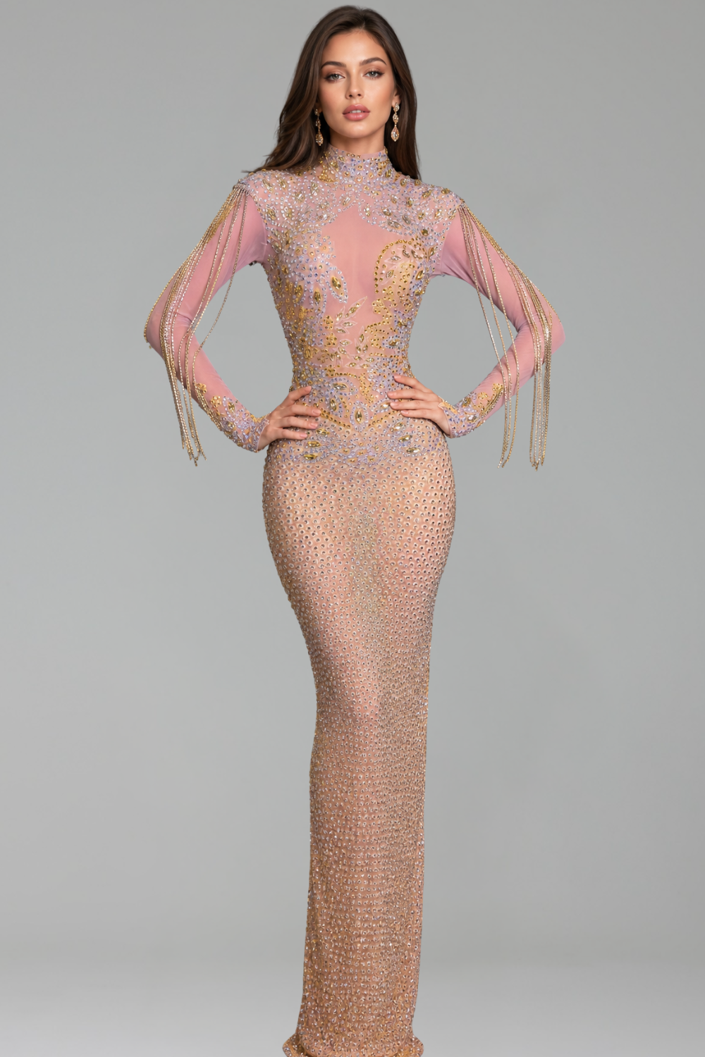 High Neck Crystal Embellished Gown - LAROSABRIDE