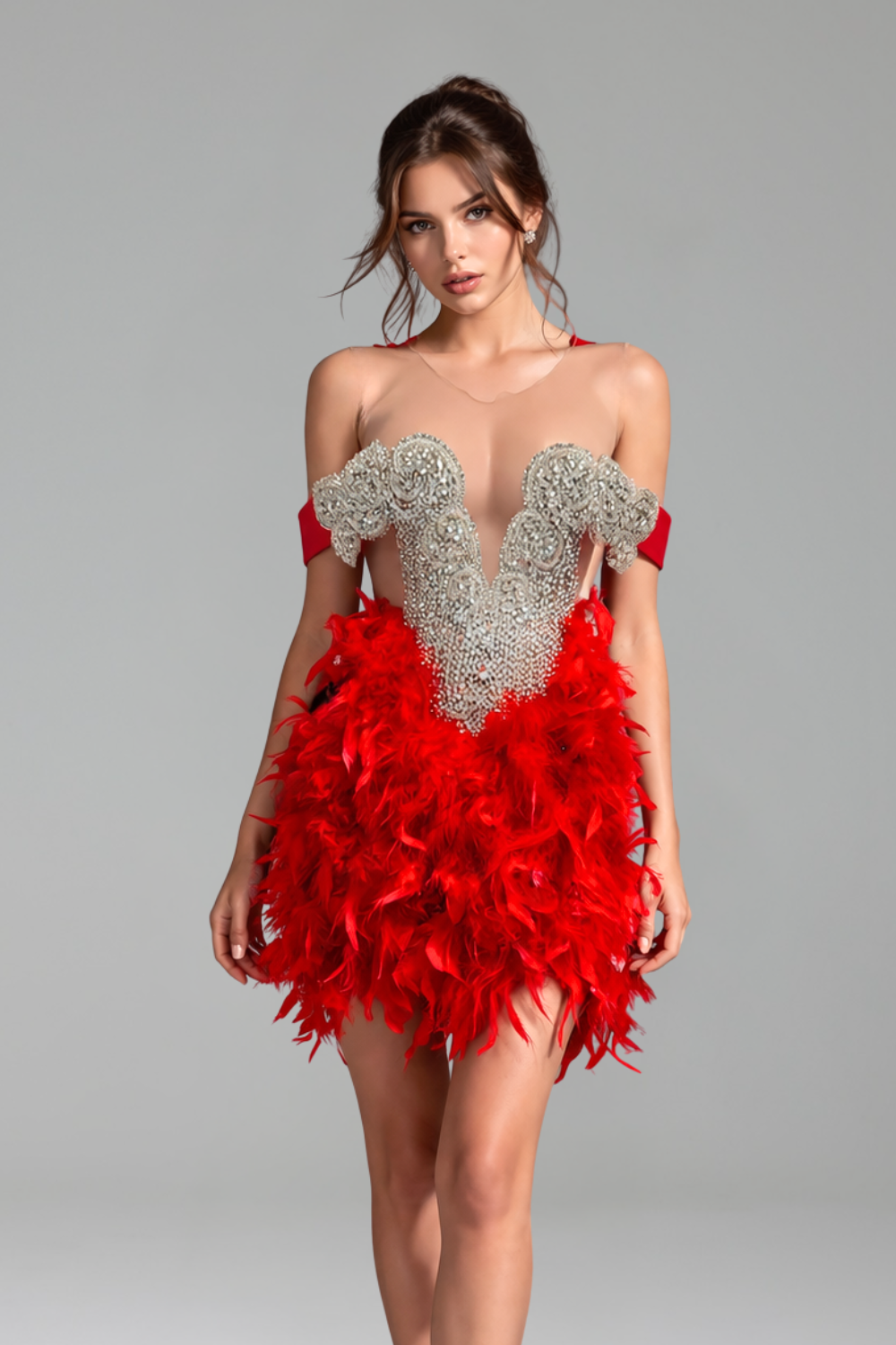 Red Feather Embellished Mini Dress - LAROSABRIDE