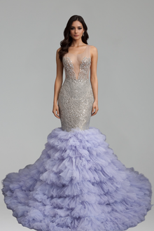 Beaded Ruffle Mermaid Evening Dress - LAROSABRIDE