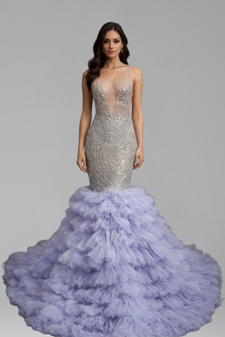 Beaded Ruffle Mermaid Evening Dress - LAROSABRIDE