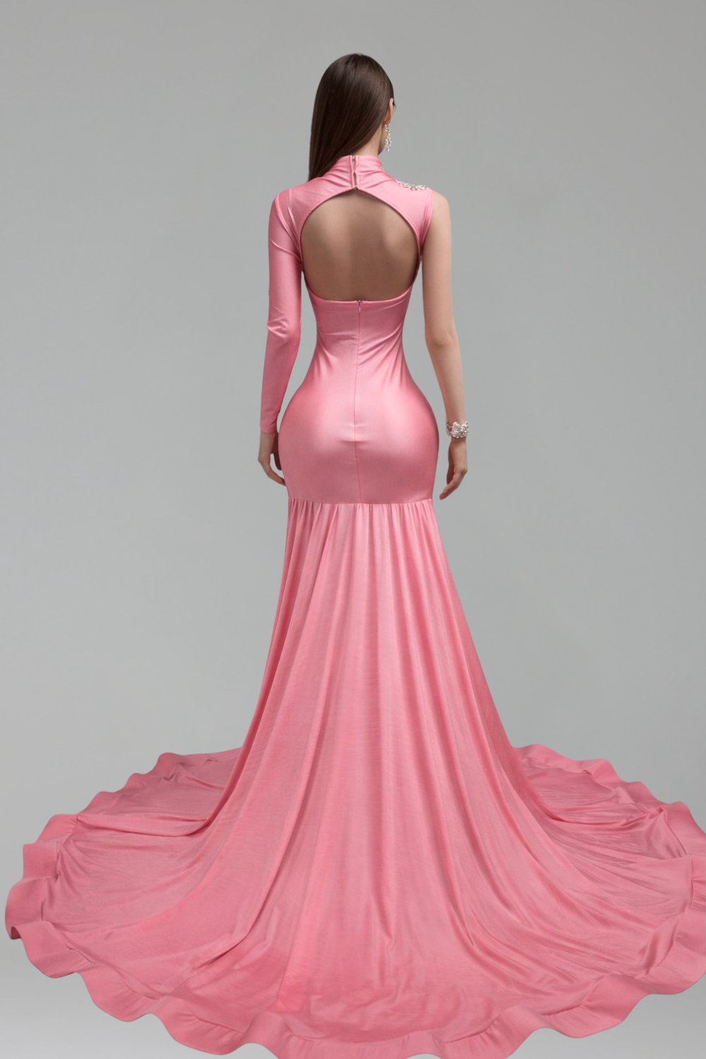 Pink Asymmetric Embellished High Slit Gown - LAROSABRIDE