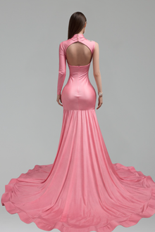 Pink Asymmetric Embellished High Slit Gown - LAROSABRIDE