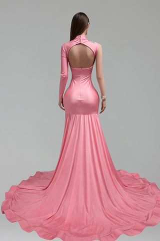 Pink Asymmetric Embellished High Slit Gown