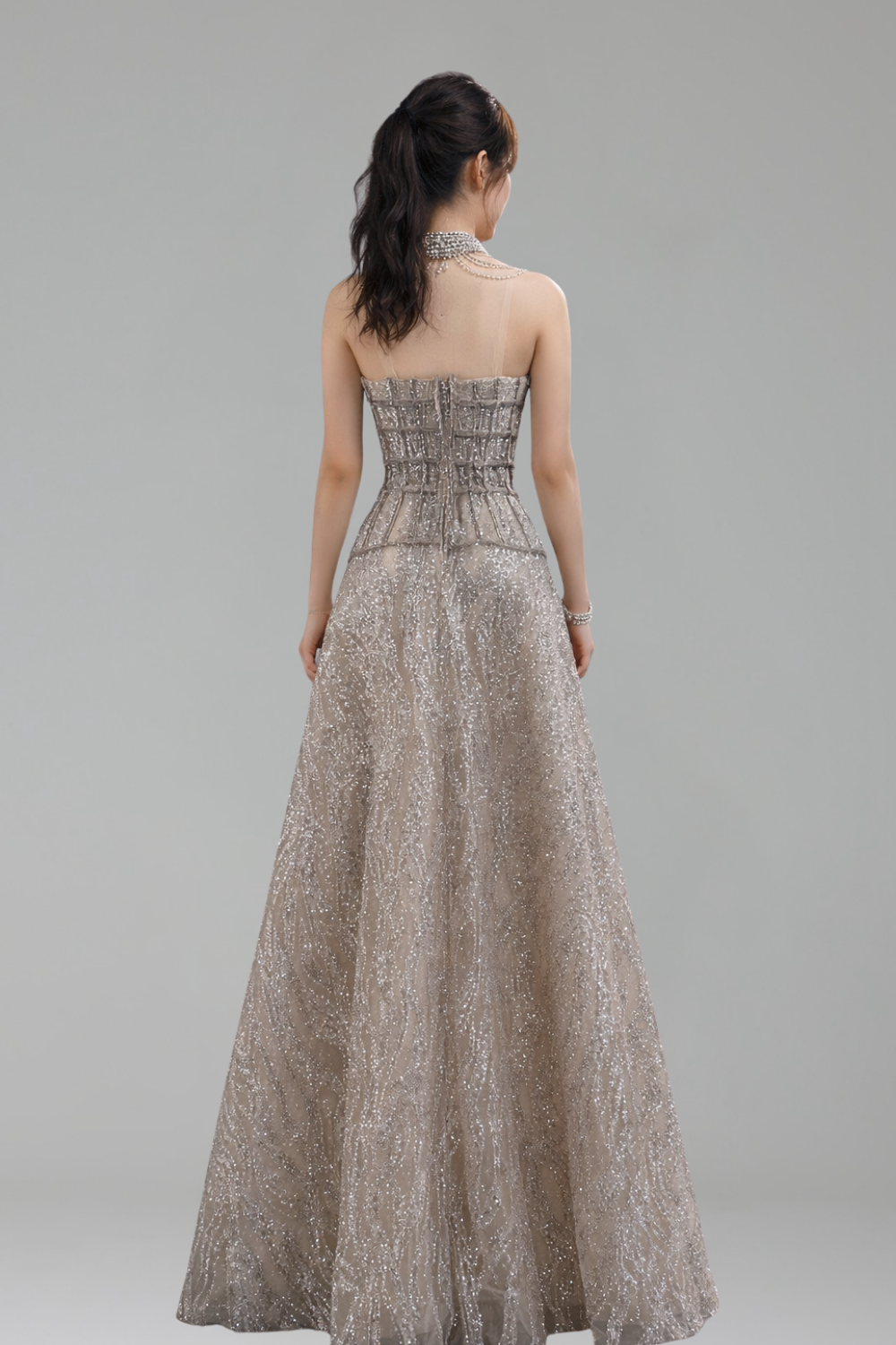Nude Beaded A Line Evening Dress - LAROSABRIDE