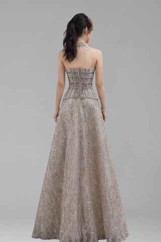 Nude Beaded A Line Evening Dress - LAROSABRIDE