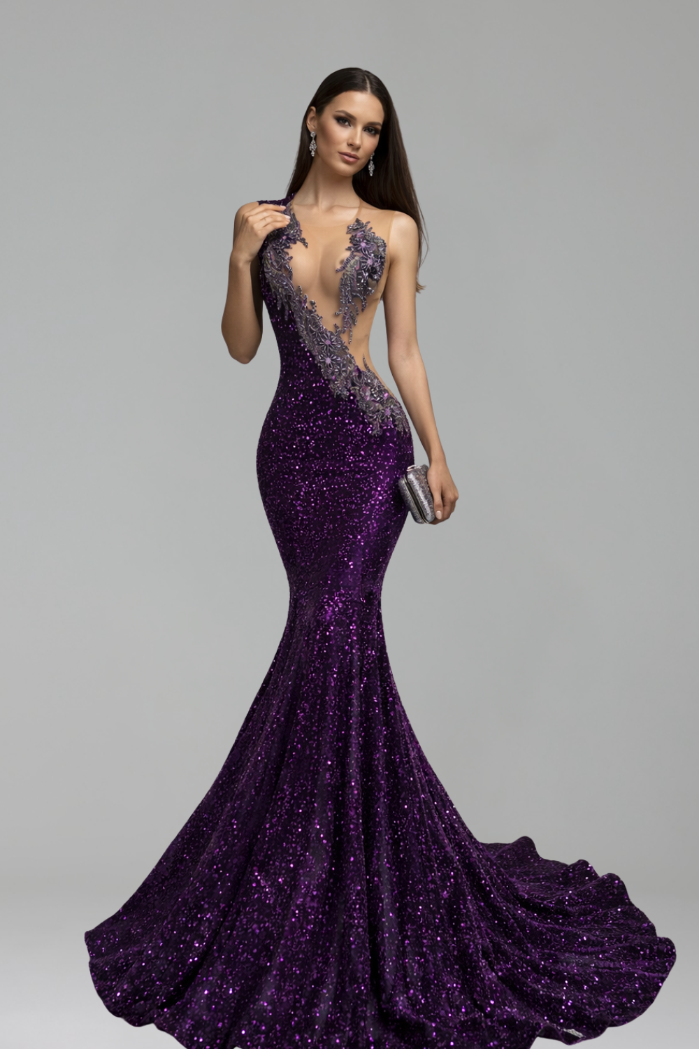Sequin Illusion Plunge Mermaid Gown - LAROSABRIDE