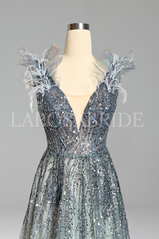 Feather Beaded Formal Gown