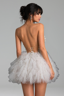 Strapless Pearl Embellished Feather Mini Dress - LAROSABRIDE