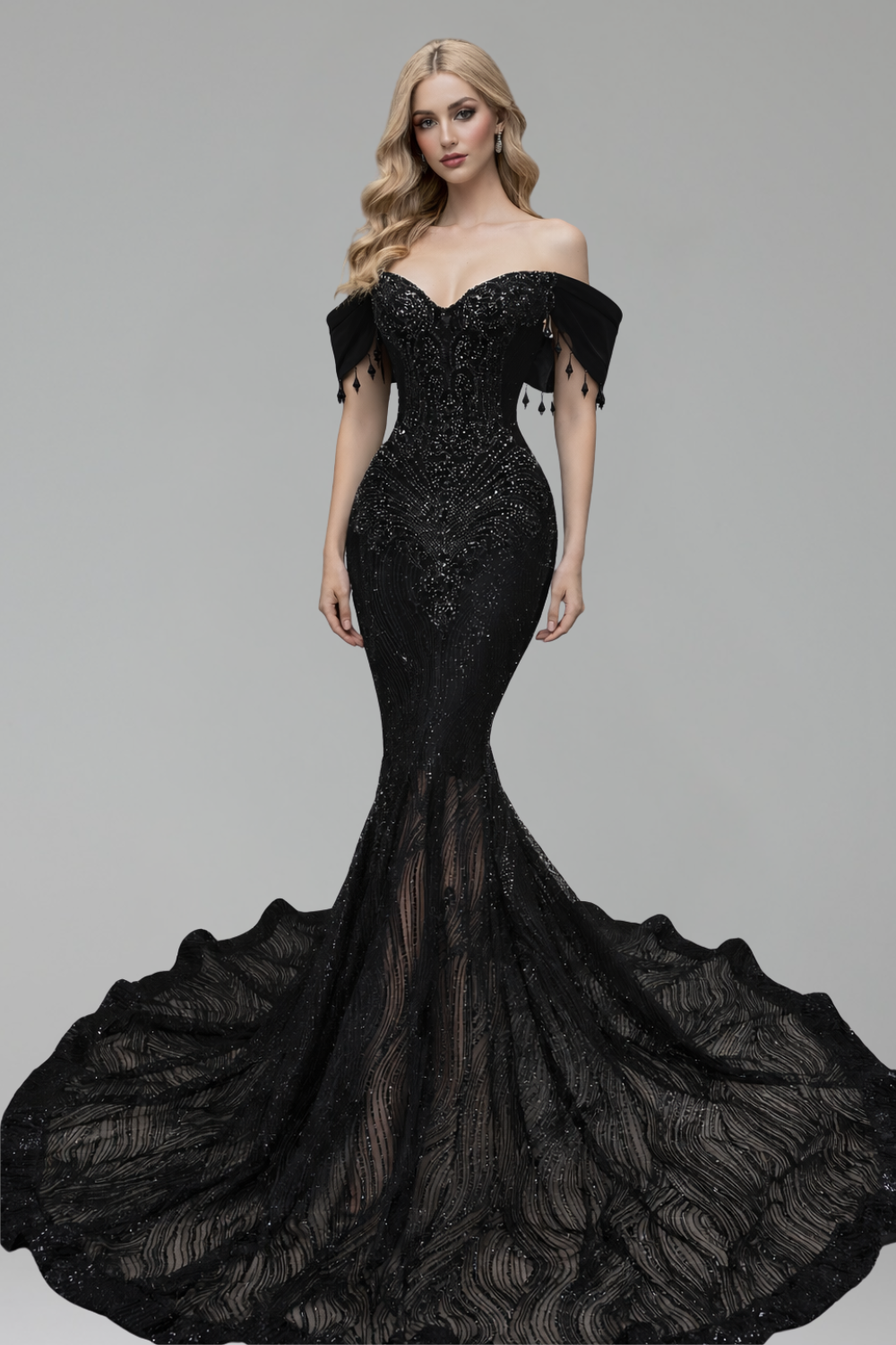 Off Shoulder Beaded Mermaid Gown - LAROSABRIDE