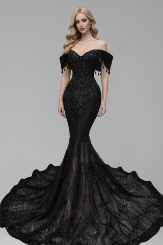 Off Shoulder Beaded Mermaid Gown - LAROSABRIDE