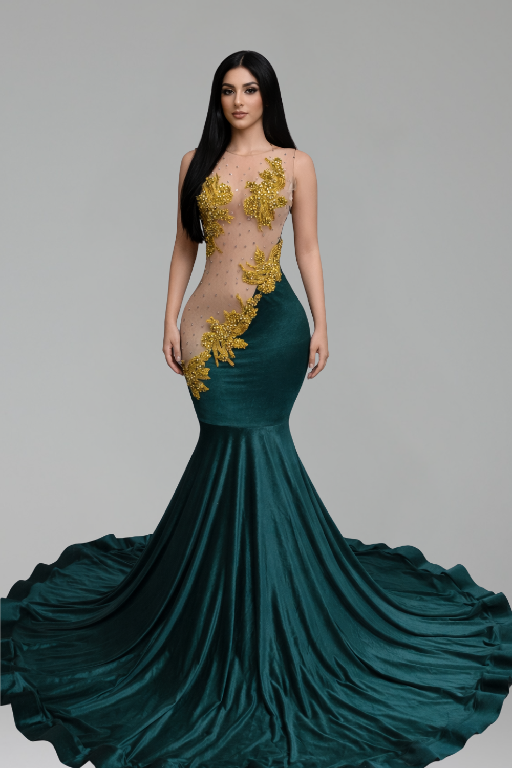 Illusion Gold Appliqu� Mermaid Gown - LAROSABRIDE