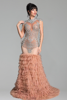 Crystal Embellished Bodice Ruffled Tulle Gown - LAROSABRIDE