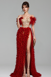 Feathered Corset Ruffle High Slit Dress - LAROSABRIDE