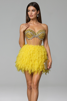 Crystal Corset Feather Mini Dress - LAROSABRIDE