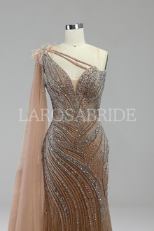 Nude Beaded One-Shoulder Dress-Larosabride