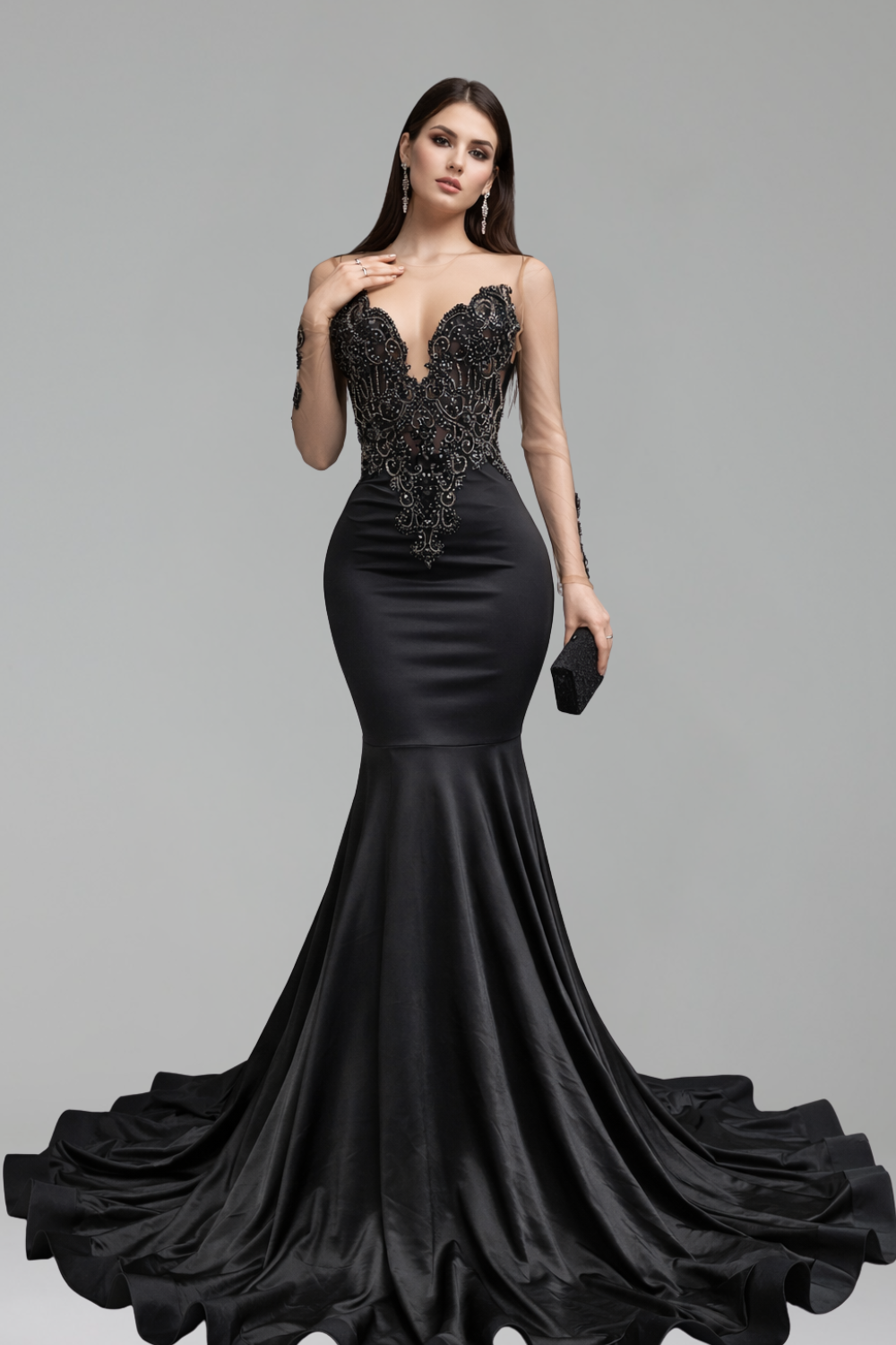 Illusion Sleeve Embellished Mermaid Gown - LAROSABRIDE