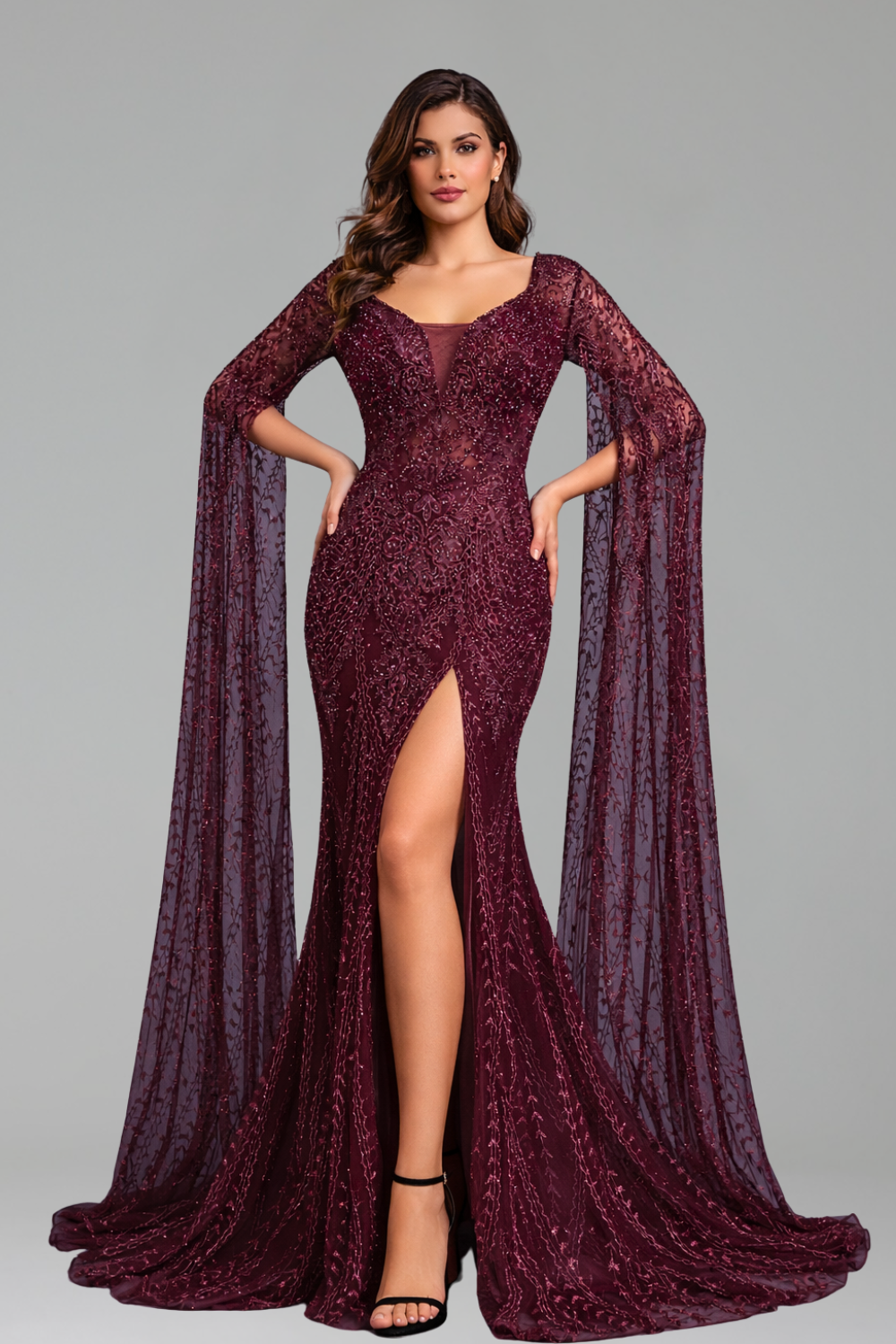 Beaded Cape Sleeve Mermaid Gown - LAROSABRIDE