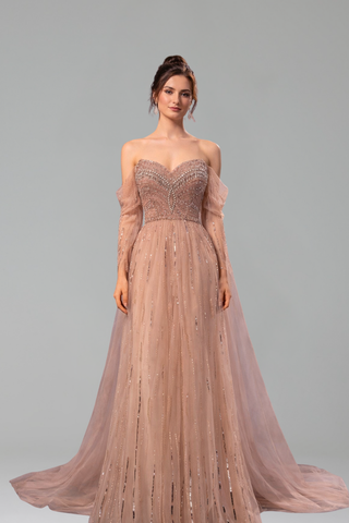 Long Sleeve Crystal Mermaid Gown - LAROSABRIDE