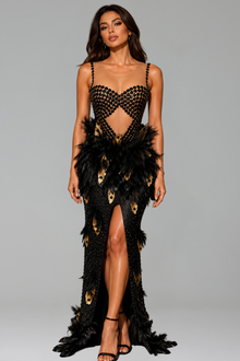 Feather Embellished Illusion Slit Gown - LAROSABRIDE