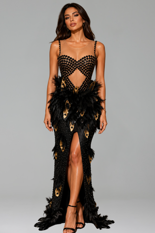 Feather Embellished Illusion Slit Gown - LAROSABRIDE