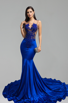Beaded Sheer Mermaid Gown with Train - LAROSABRIDE