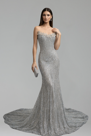 Off Shoulder Beaded Mermaid Gown - LAROSABRIDE
