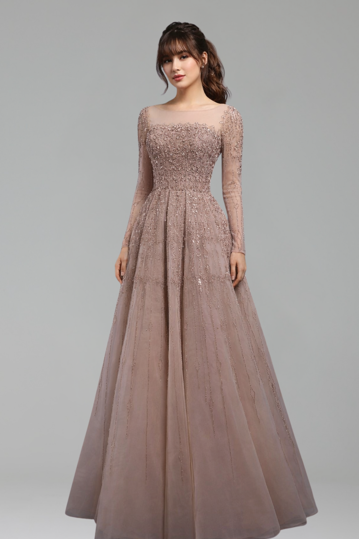 Caramel A-Line Beaded Evening Gown with Lace-Up Back - LAROSABRIDE