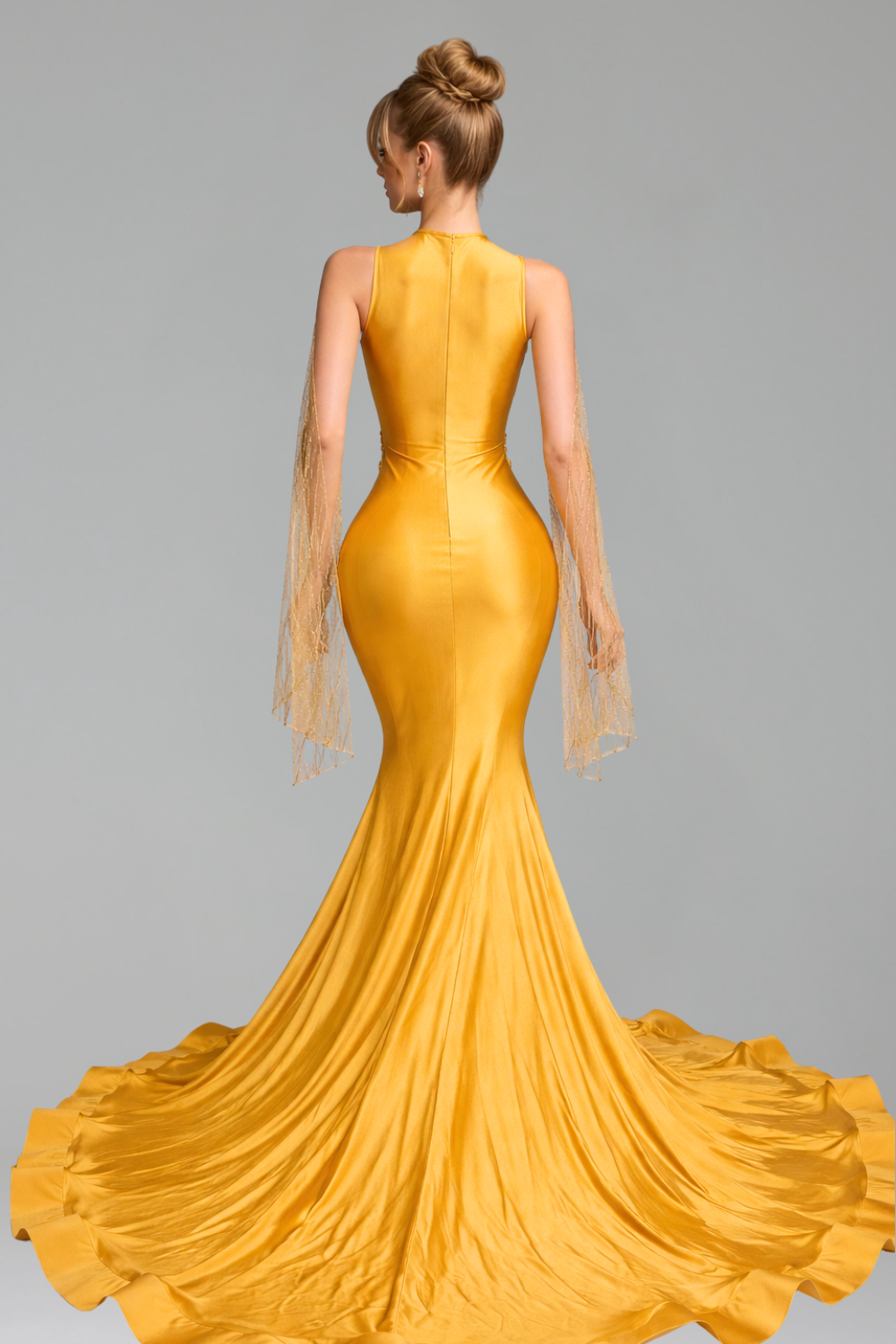 Embroidered Cape Mermaid Evening Gown - LAROSABRIDE