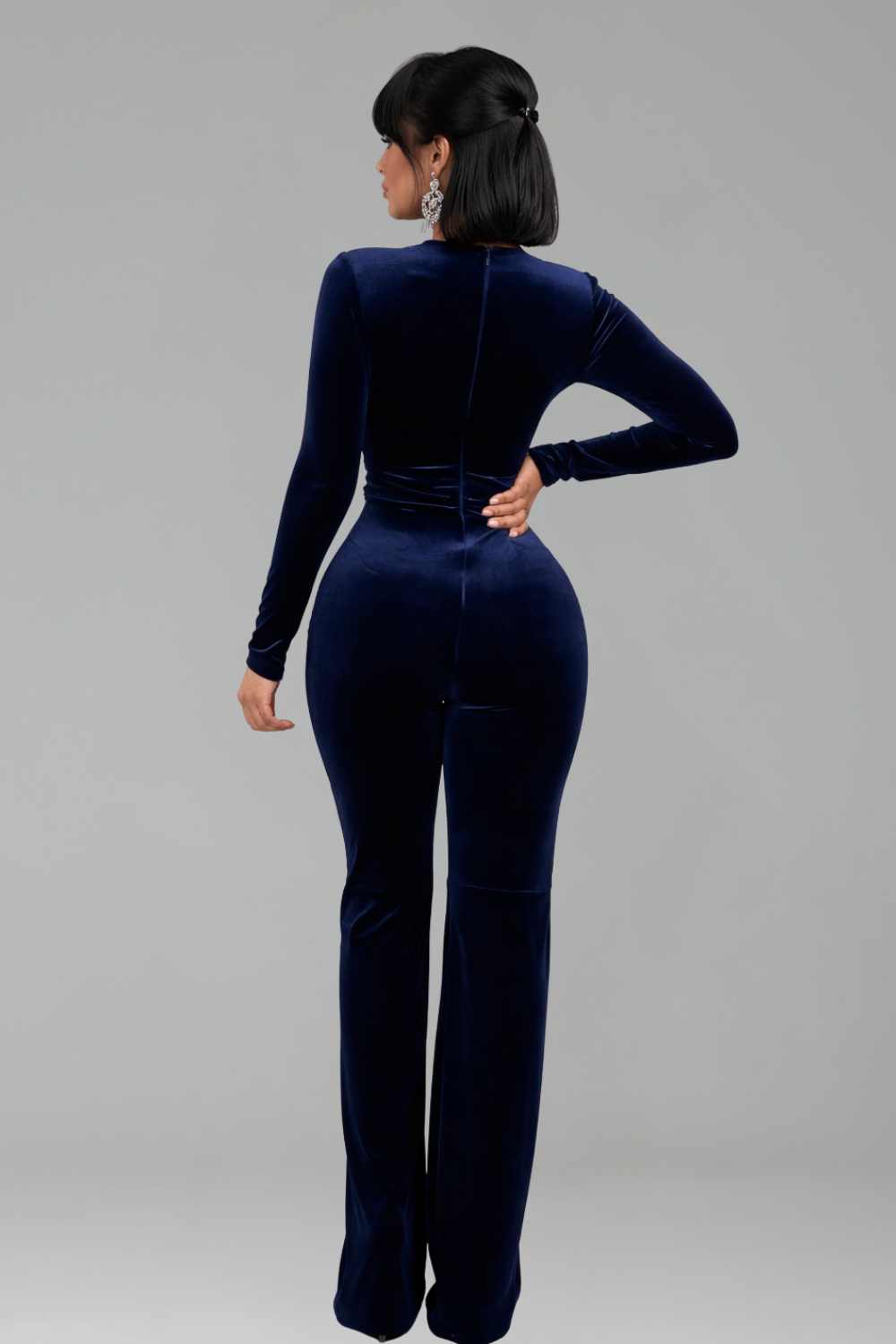Long Sleeve Plunge Appliqu� Jumpsuit - LAROSABRIDE