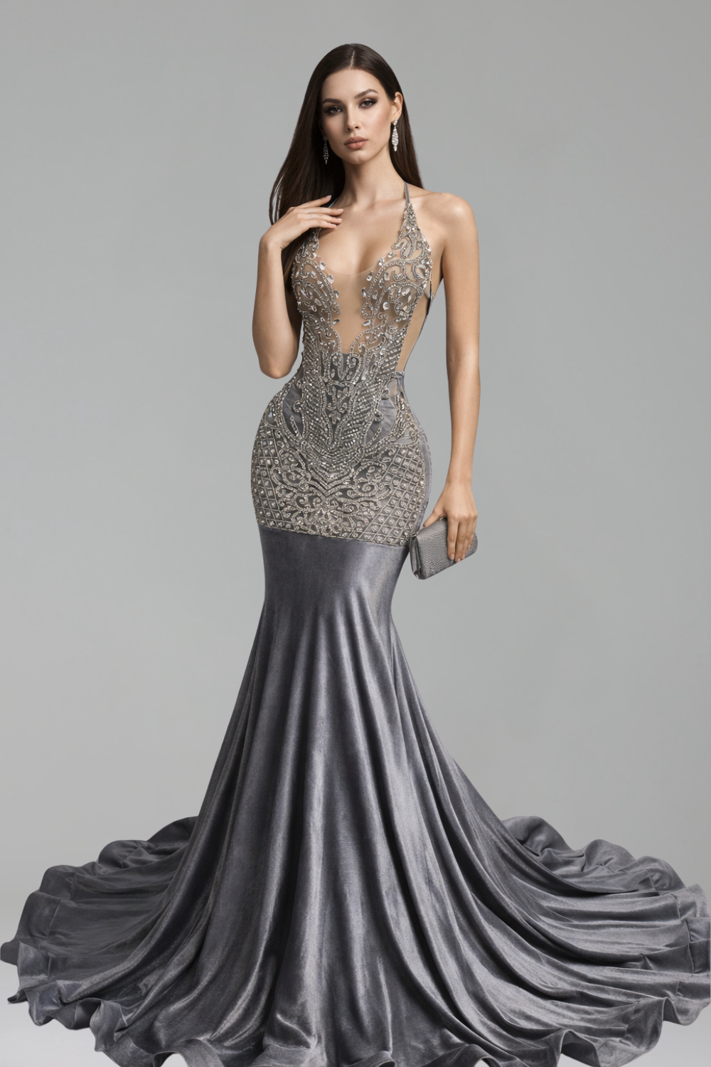 Beaded Halter Mermaid Gown with Train - LAROSABRIDE