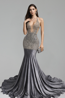 Beaded Halter Mermaid Gown with Train - LAROSABRIDE