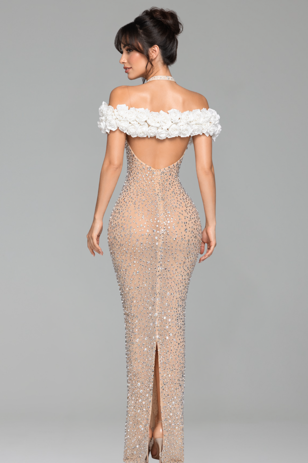 Crystal Embellished Off Shoulder Mermaid Gown - LAROSABRIDE