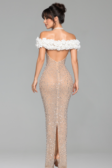Crystal Embellished Off Shoulder Mermaid Gown - LAROSABRIDE