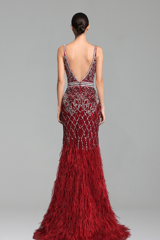 Feather Beaded Mermaid Gown - LAROSABRIDE